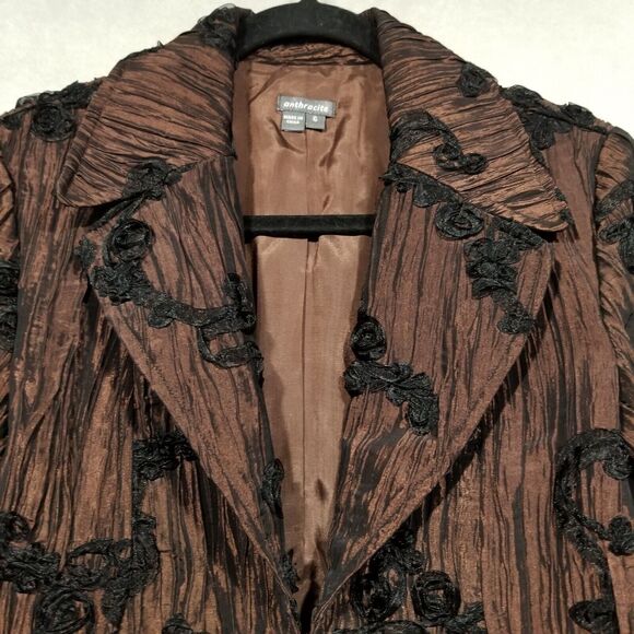 Anthracite Size 6 Blazer Jacket Brown Crepe 3D Black Floral Applique Blazer - Picture 4 of 8